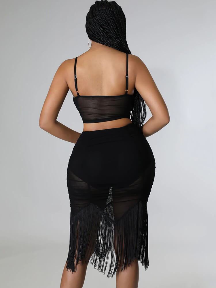Two Piece Spaghetti Strap Mesh Crop Top & Tassel Skirt