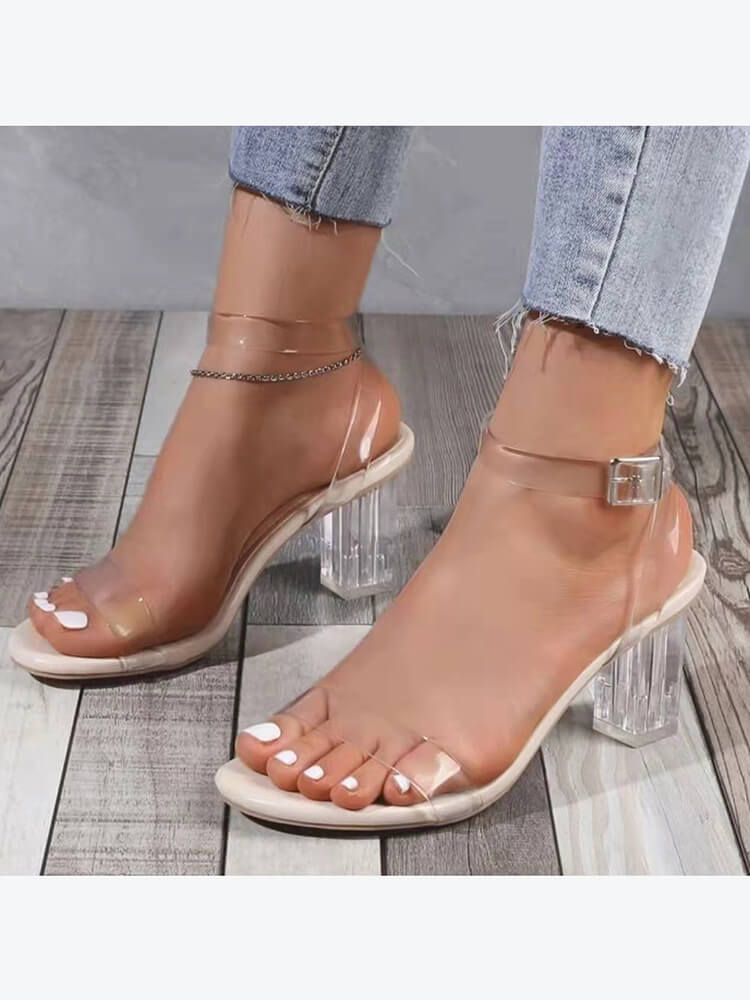 Chunky Block Transparent Strappy Open Toe Heels