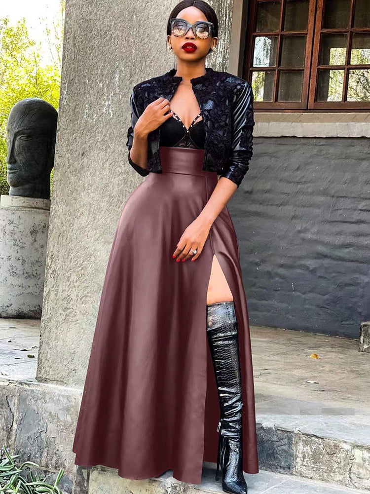 High Waist PU Split Maxi Skirts