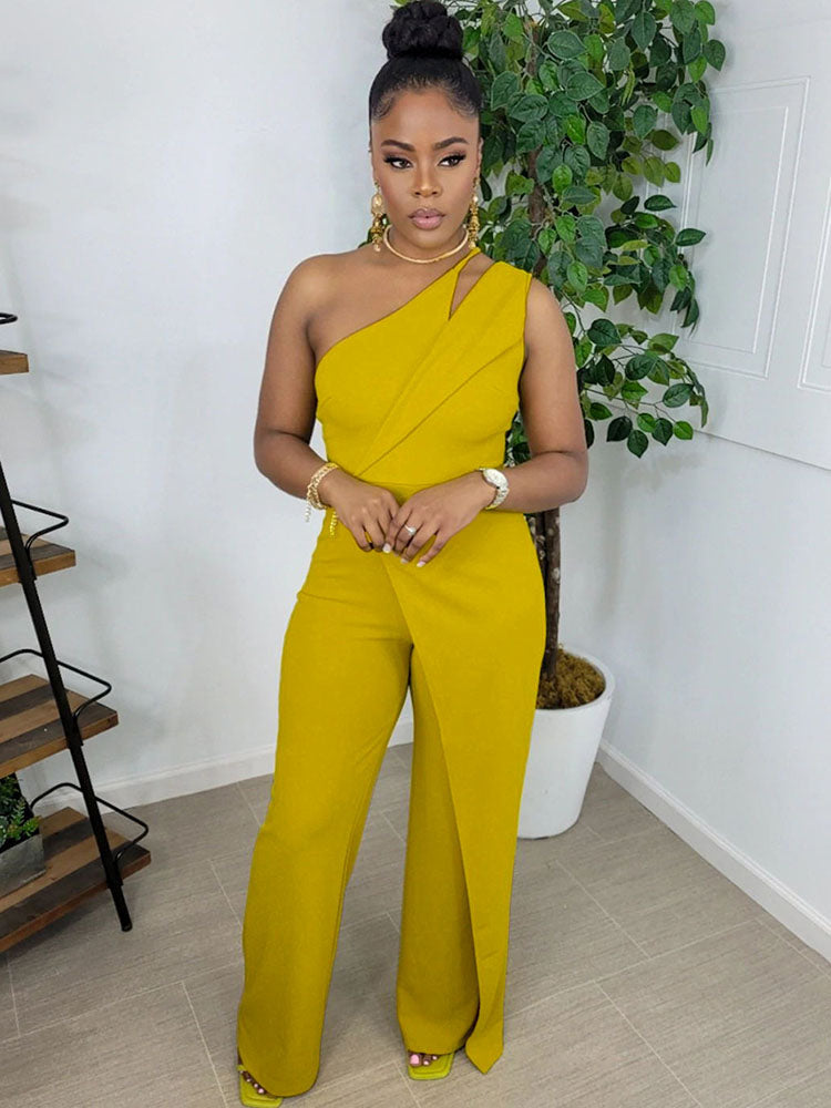 One Shoulder Sleeveless Wide Leg Rompers