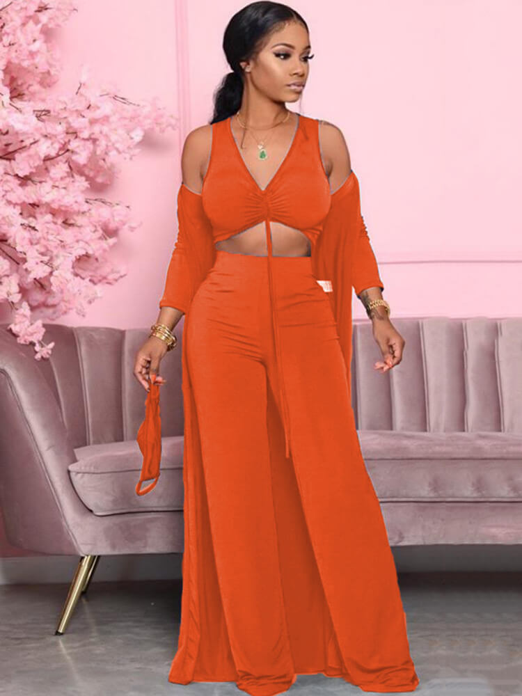 Three Piece Solid Color V Neck Pants Suit