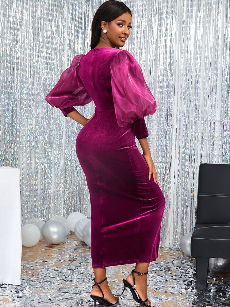 Lantern Sleeve Mesh Patchwork Split Midi Dresses
