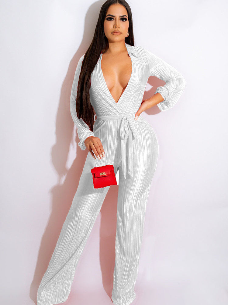 Long Sleeve V Neck Belted Jumpsuits