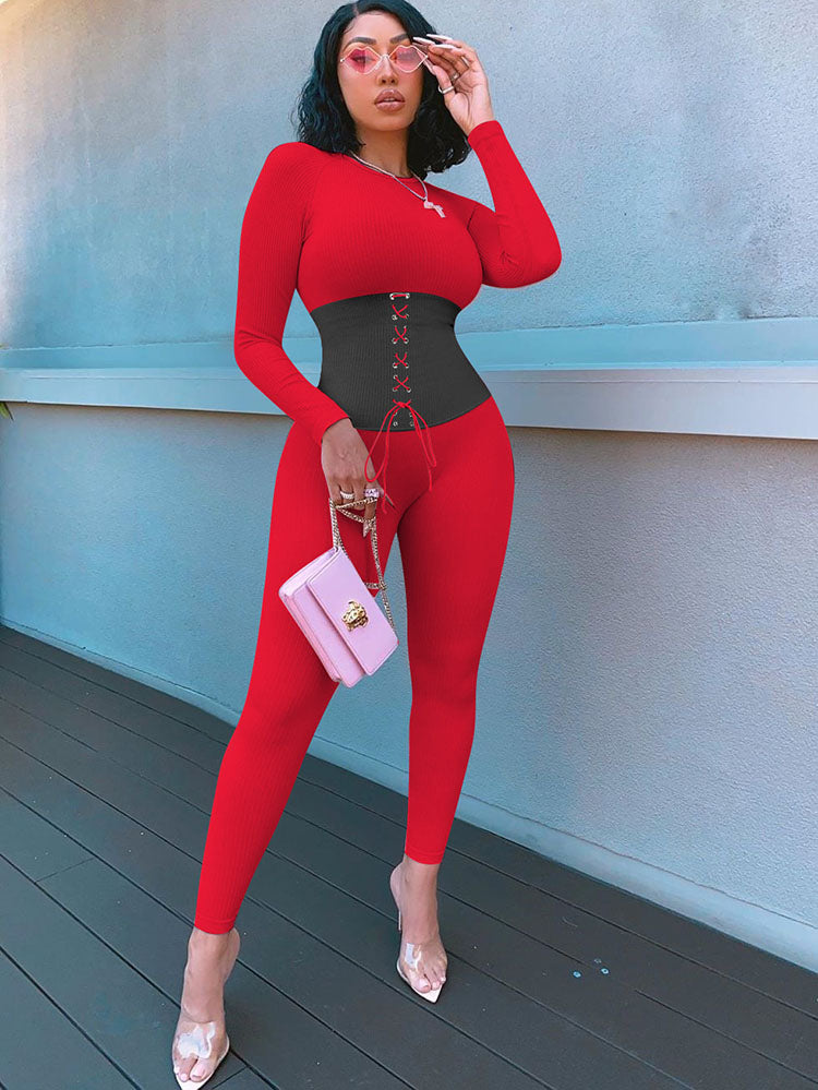 Long Sleeves Color Block Tie Up Jumpsuits
