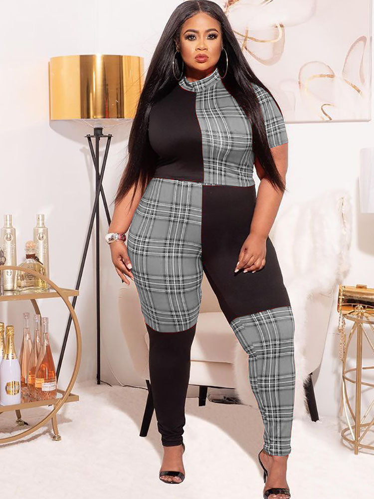 Plus Size Short Sleeves Plaid Print Rompers