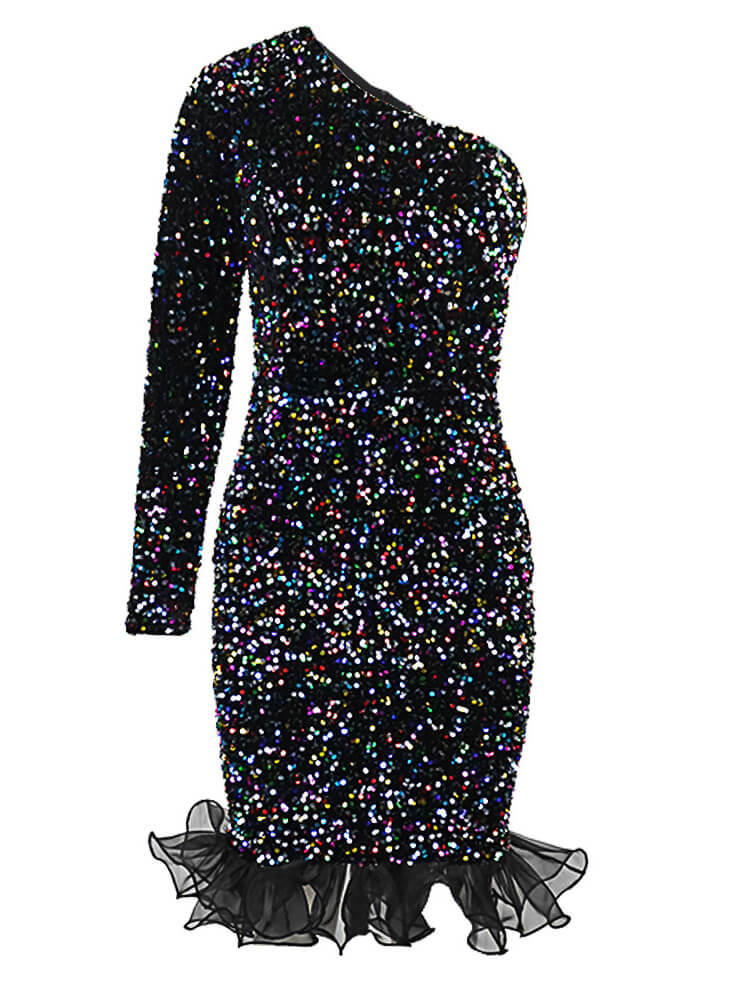 One Shoulder Sequin Ruffle Patchwork Mini Dresses