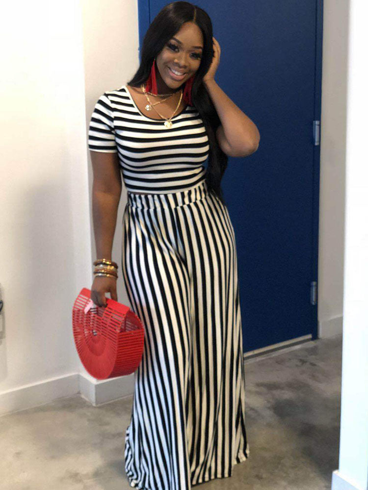 Two Piece Striped Print Top & Long Pants