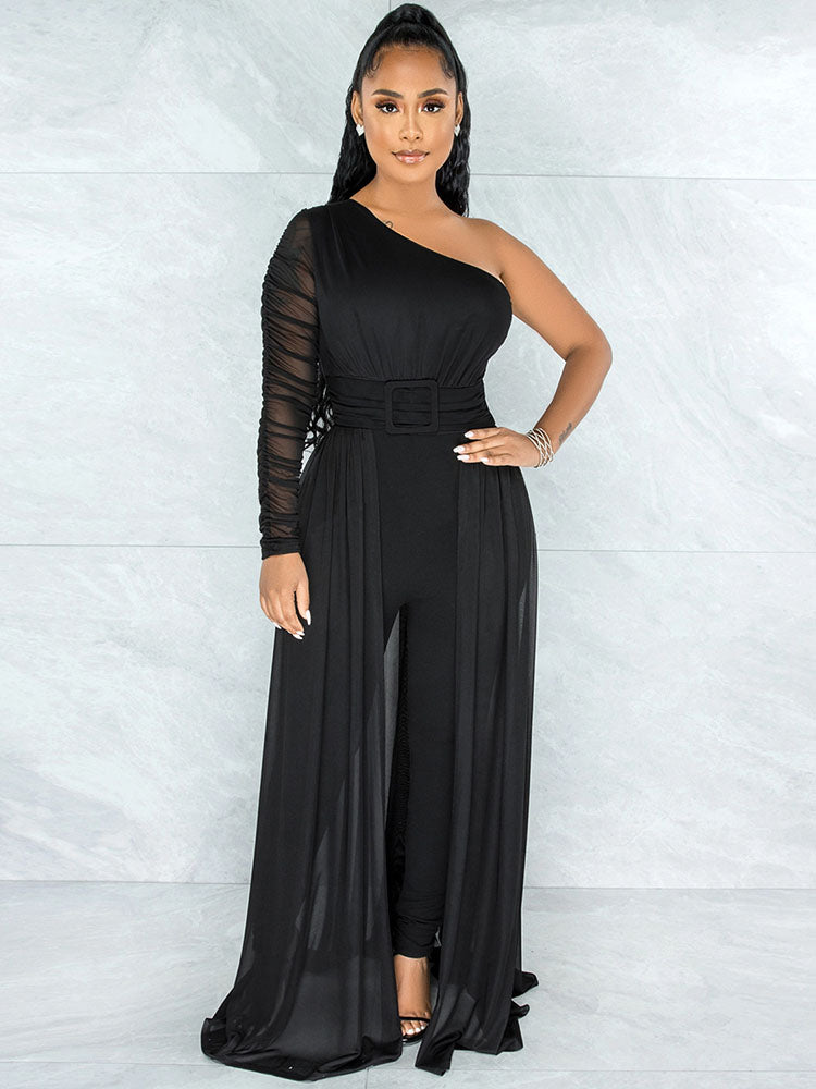 Mesh Patchwork One Shoulder Long Sleeve Jumpsuits