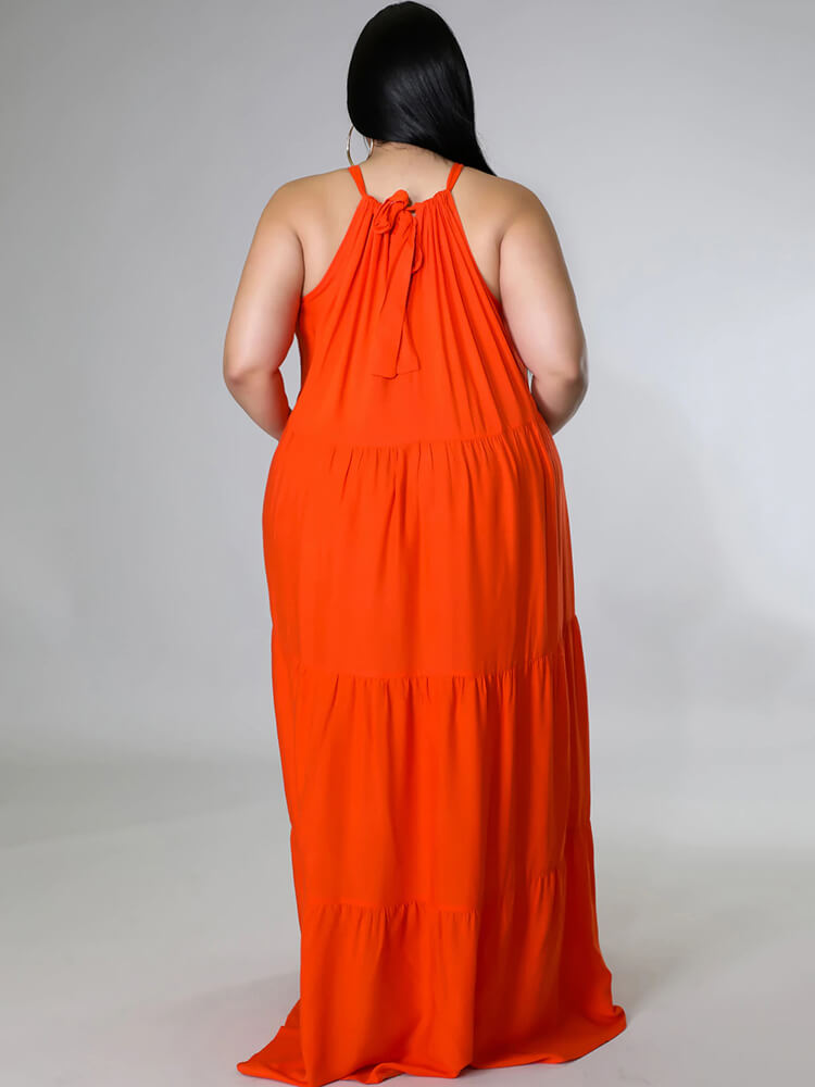 Halter Neck Sleeveless Lace Up Ruffle Swing Maxi Dress