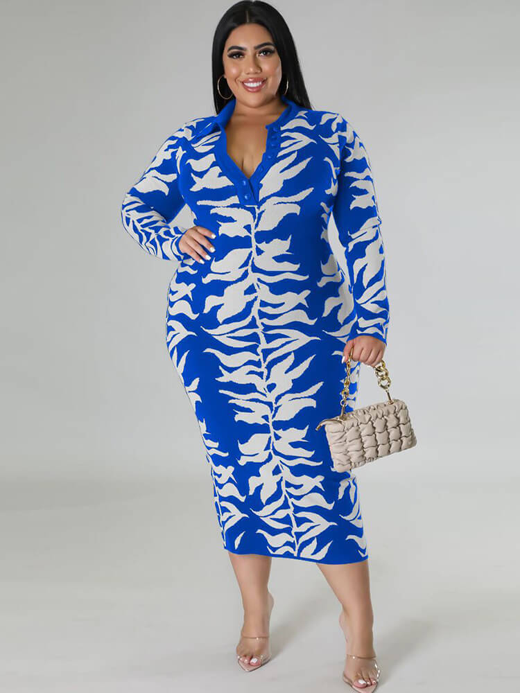 Long Sleeve Floral Print Bodycon Midi Dresses