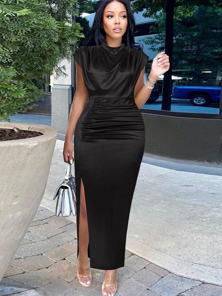 Plus Size Sleeveless Ruched Side Split Maxi Dresses