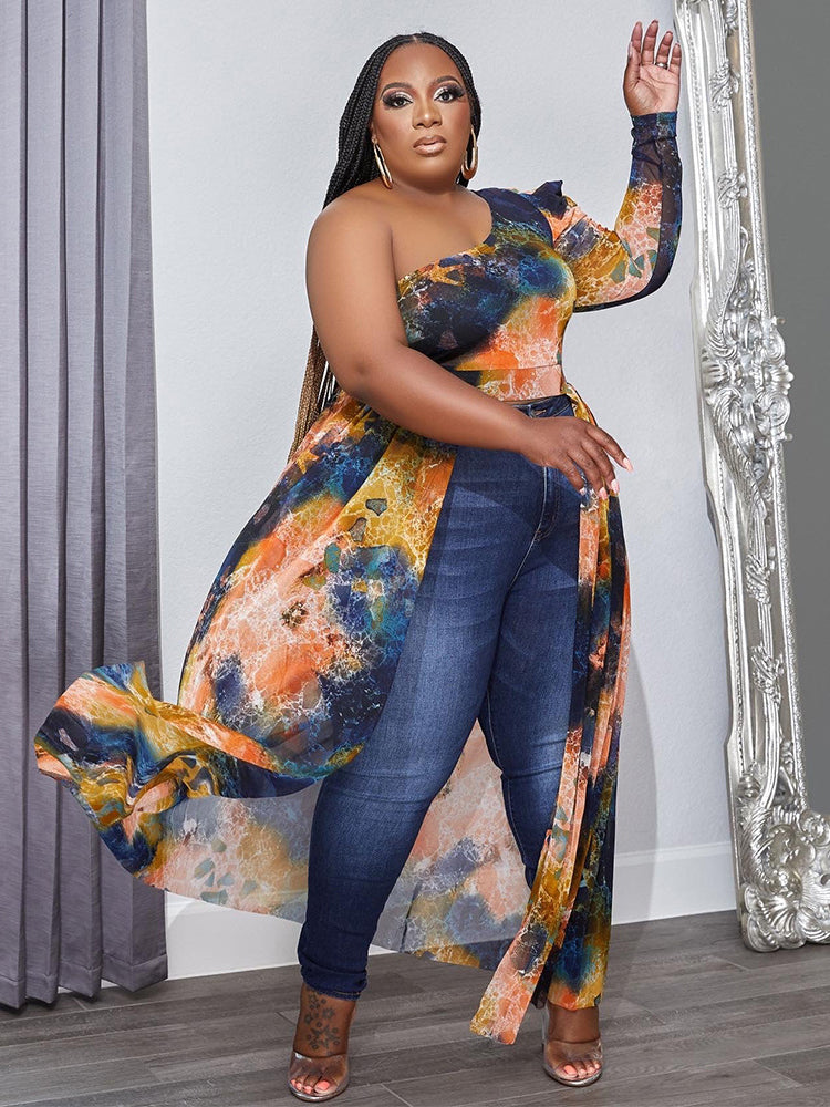 Long Sleeve One Shoulder Print Maxi Dresses