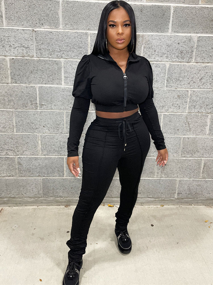 Two Piece Zipper Crop Tops & Drawstring Pants