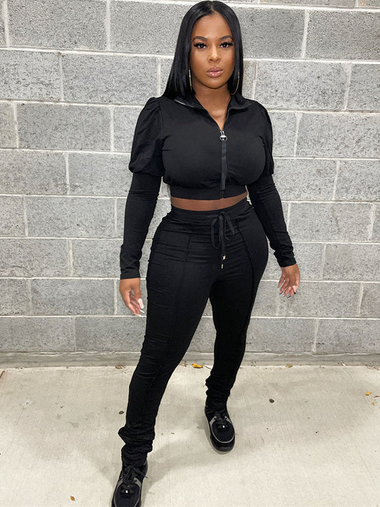 Two Piece Zipper Crop Tops & Drawstring Pants