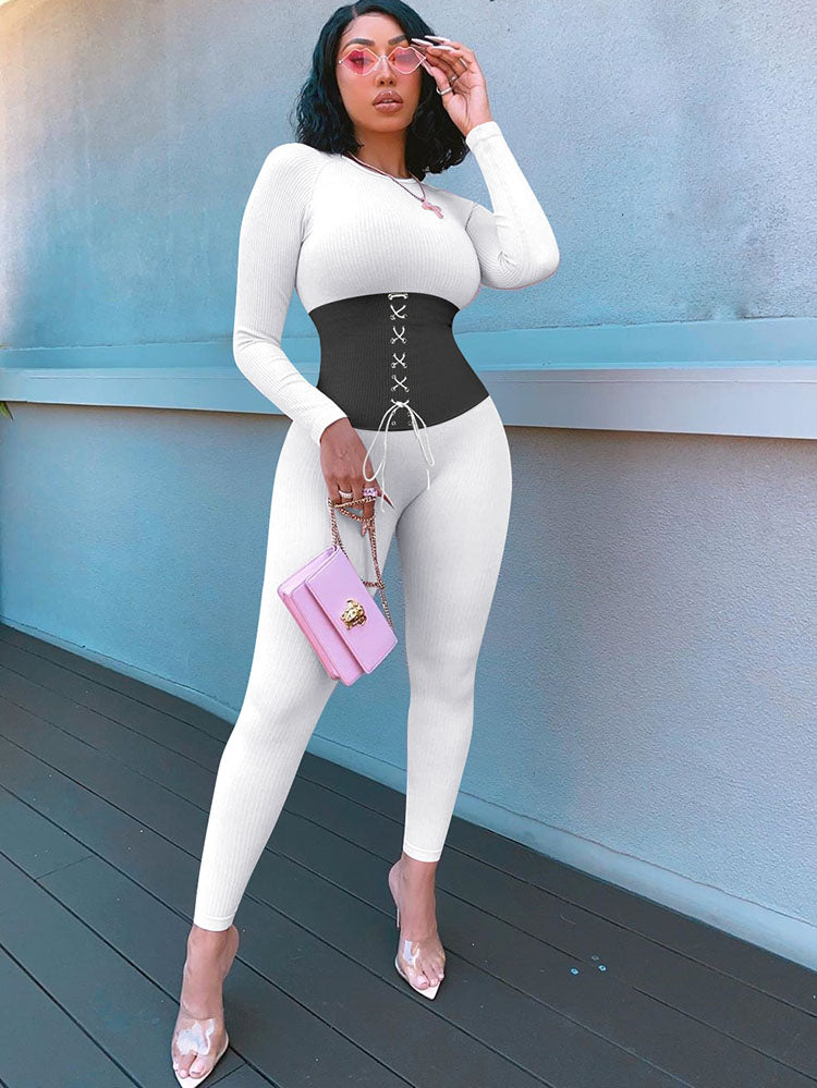 Long Sleeves Color Block Tie Up Jumpsuits