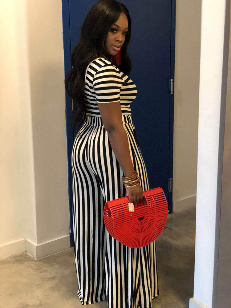 Two Piece Striped Print Top & Long Pants