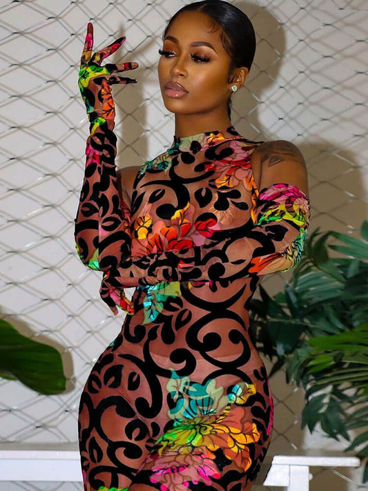 Mesh Floral Print Sleevelesss Bodycon Jumpsuits