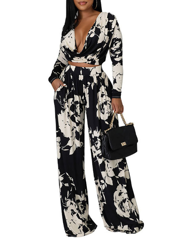 Two Pieve Floral Print Crop Top Wide Leg Pants
