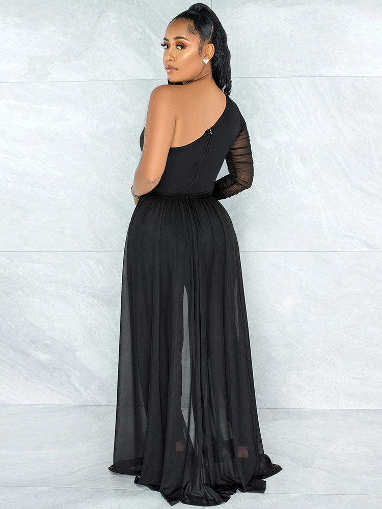 Mesh Patchwork One Shoulder Long Sleeve Jumpsuits