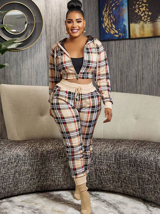 Two Piece Plaid Print Crop Top & Long Pants