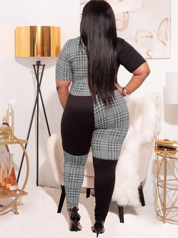 Plus Size Short Sleeves Plaid Print Rompers