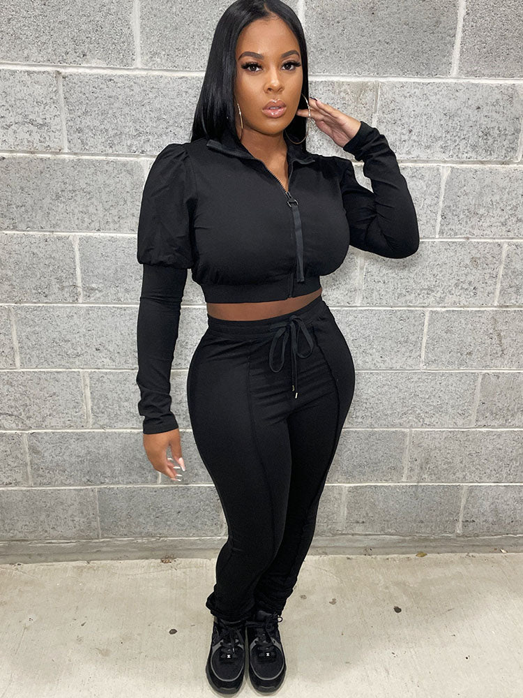 Two Piece Zipper Crop Tops & Drawstring Pants