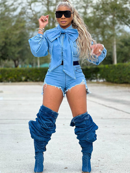 Denim Long Sleeve Ripped Bodycon Short Jumpsuit