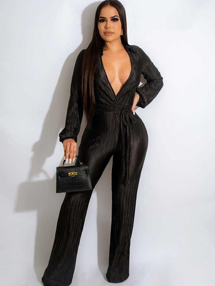 Long Sleeve V Neck Belted Jumpsuits