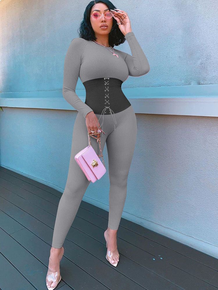 Long Sleeves Color Block Tie Up Jumpsuits