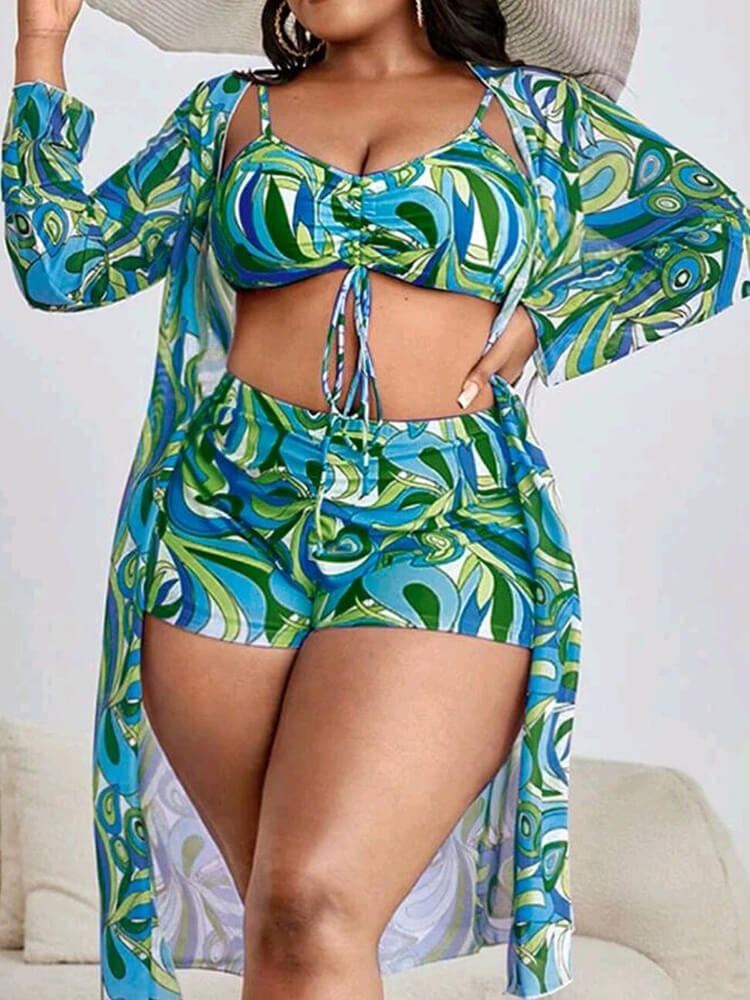 Plus Size Three Piece Floral Print Short Sets