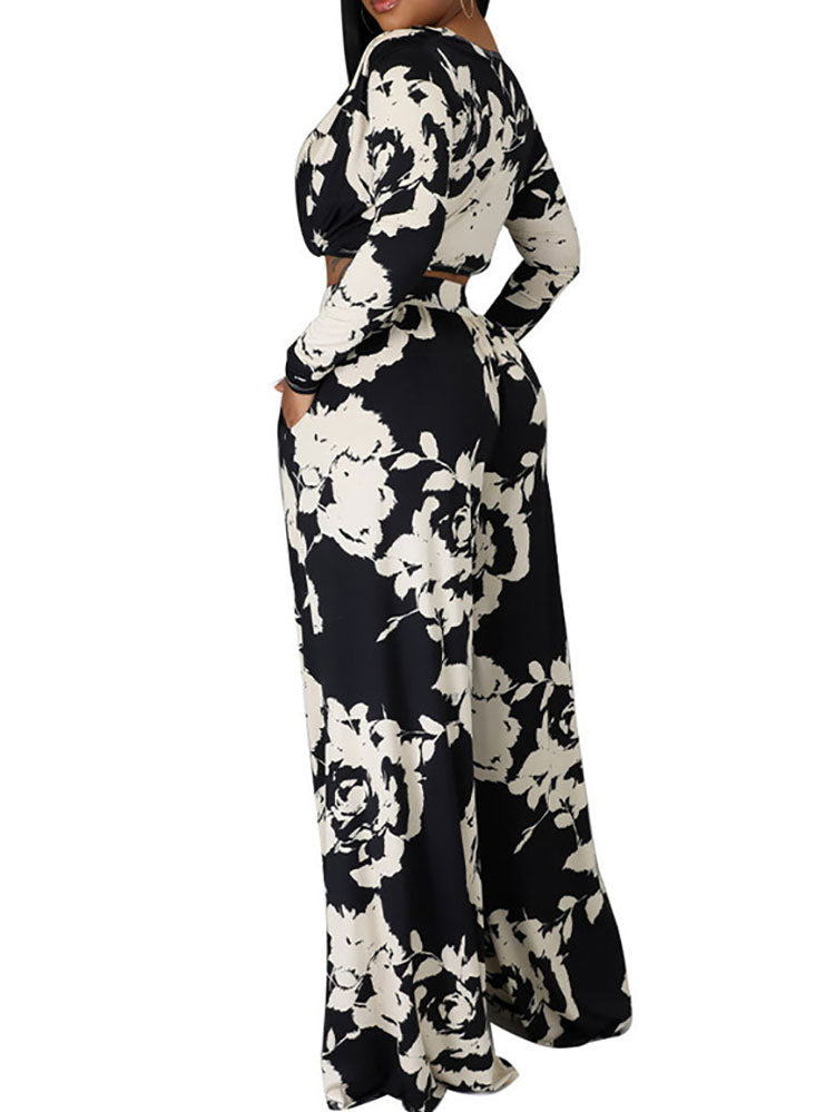 Two Pieve Floral Print Crop Top Wide Leg Pants