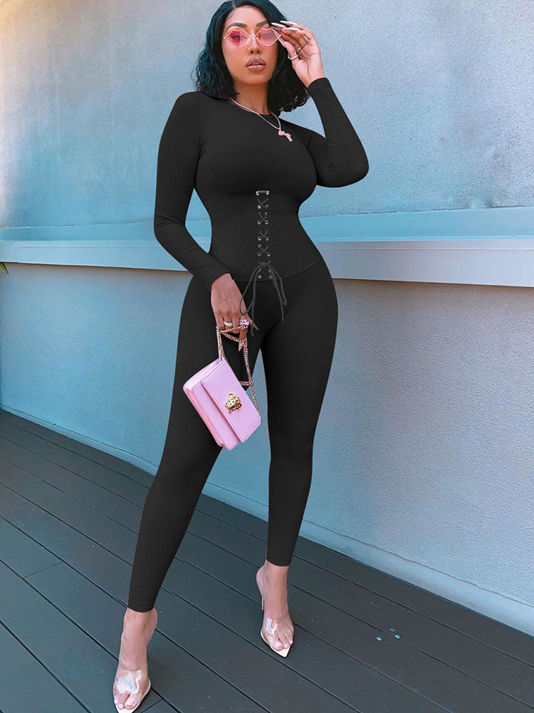 Long Sleeves Color Block Tie Up Jumpsuits
