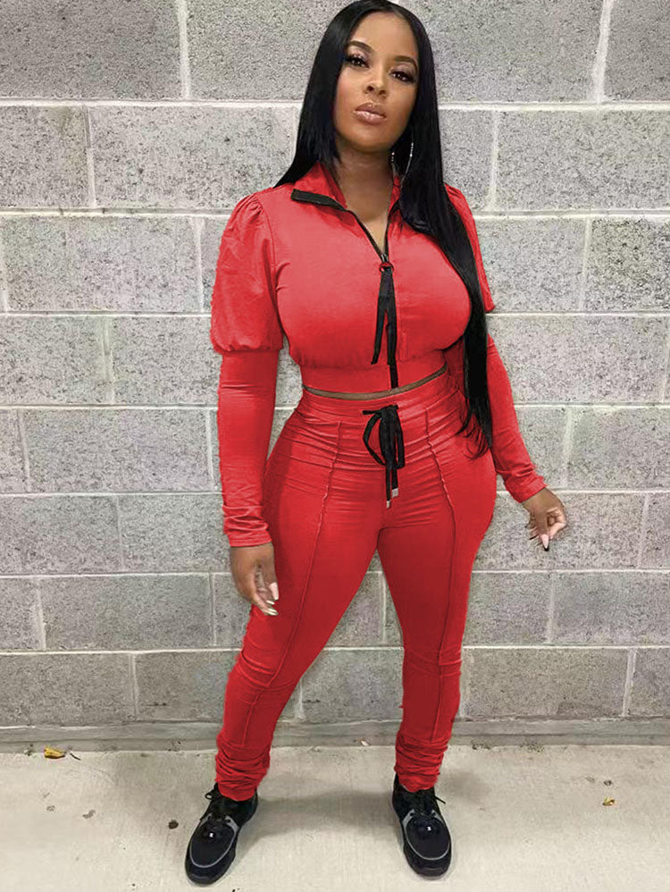 Two Piece Zipper Crop Tops & Drawstring Pants