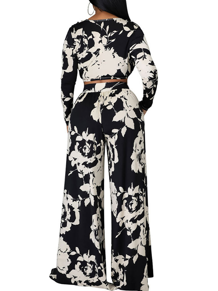Two Pieve Floral Print Crop Top Wide Leg Pants