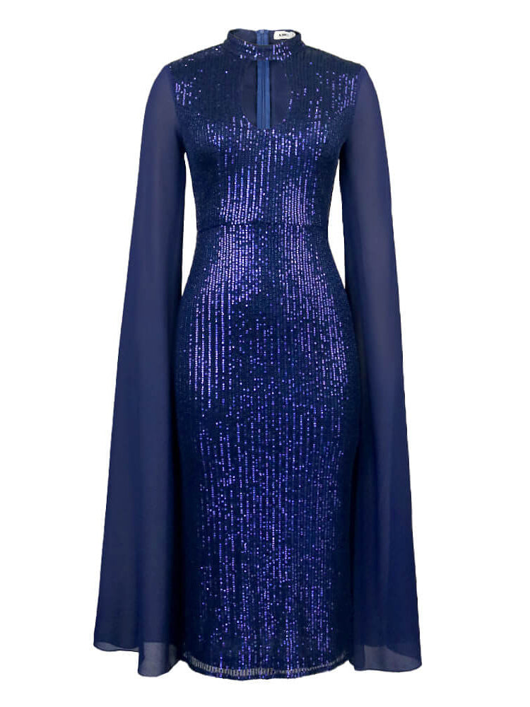 Mesh Long Slit Sleeve Sequin Patchwork Midi Dresses