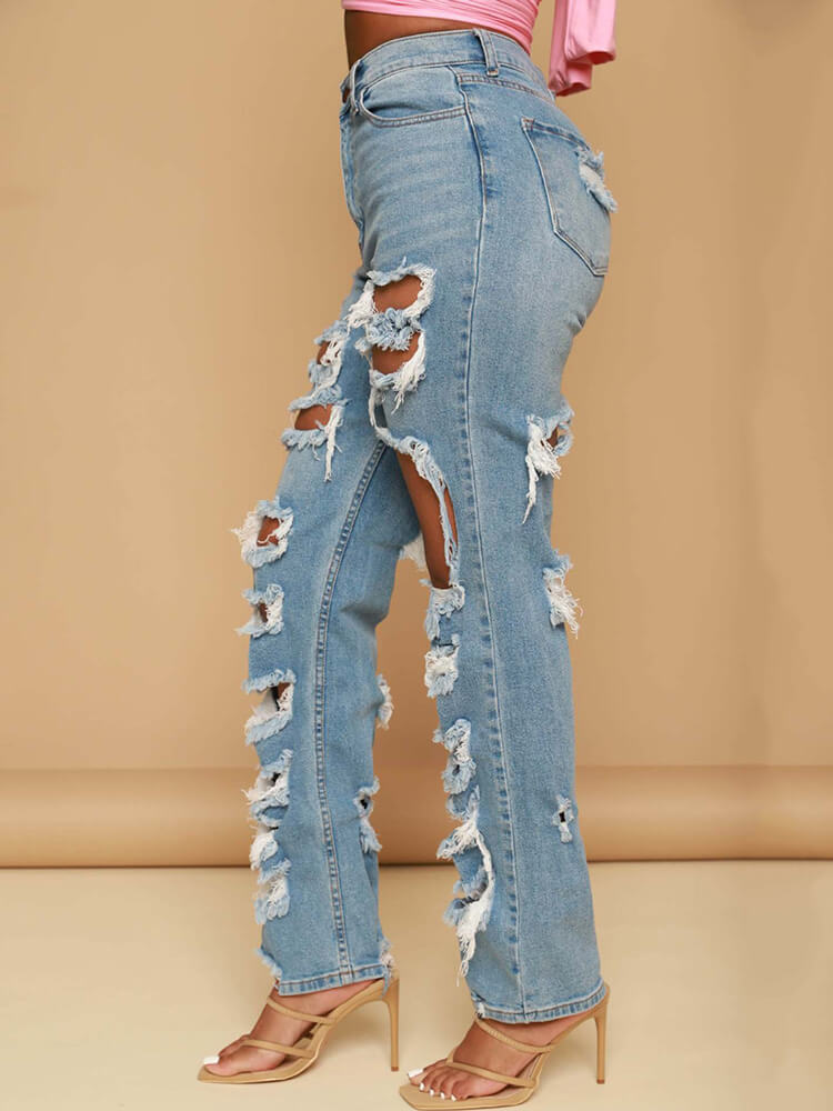 High Waist Ripped Hollow Out Denim Pants