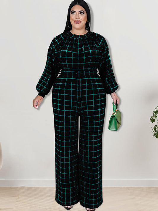 Long Sleeve Plaid Print Wide Leg Jumpsuit