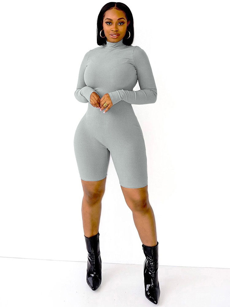 Long Sleeve Bodycon High Neck Ribbed Knit Jumpsuit