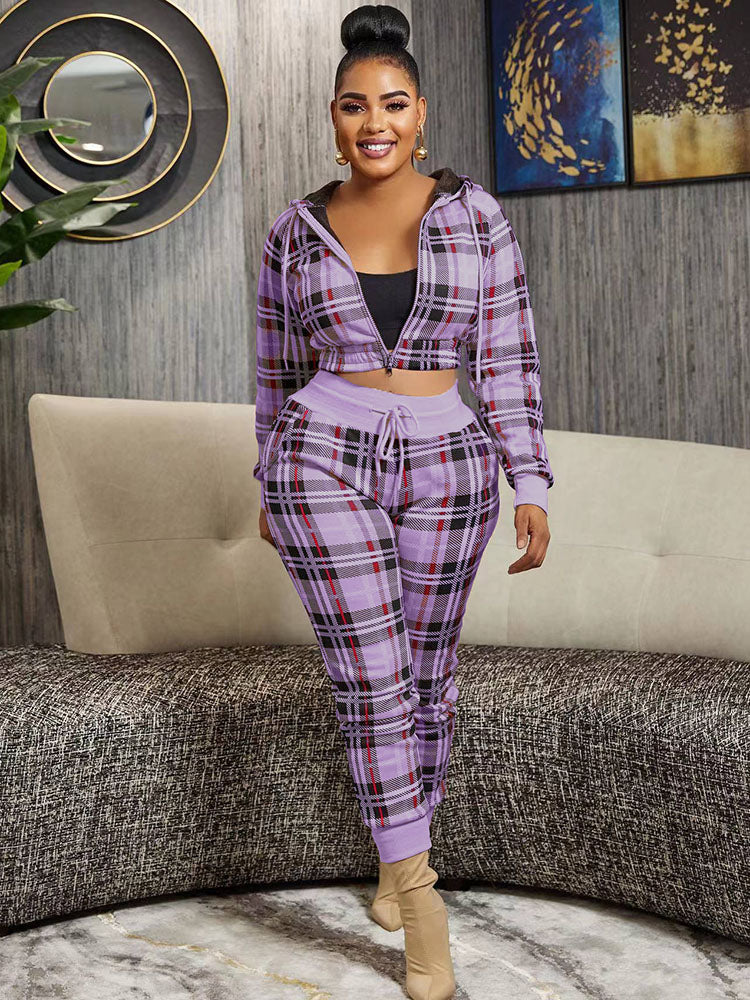 Two Piece Plaid Print Crop Top & Long Pants