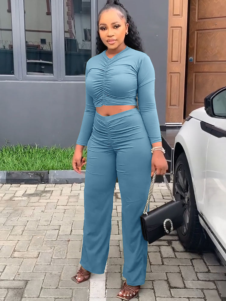 Two Piece Ruched Crop Top & Long Pants