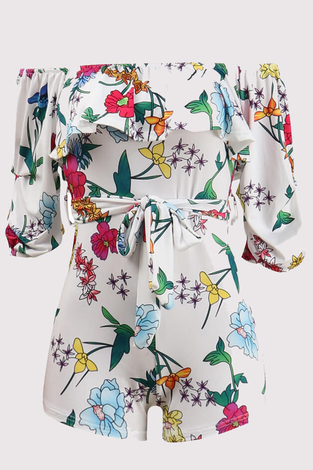 Off Shoulder Floral Rainbow Short Jumpsuits