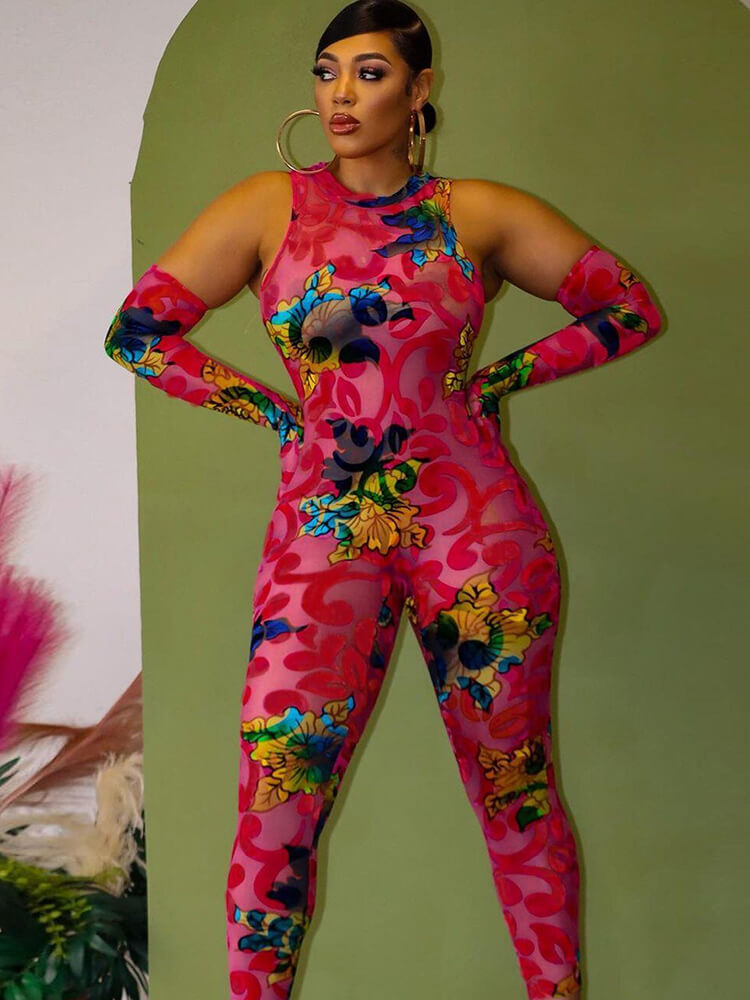 Mesh Floral Print Sleevelesss Bodycon Jumpsuits