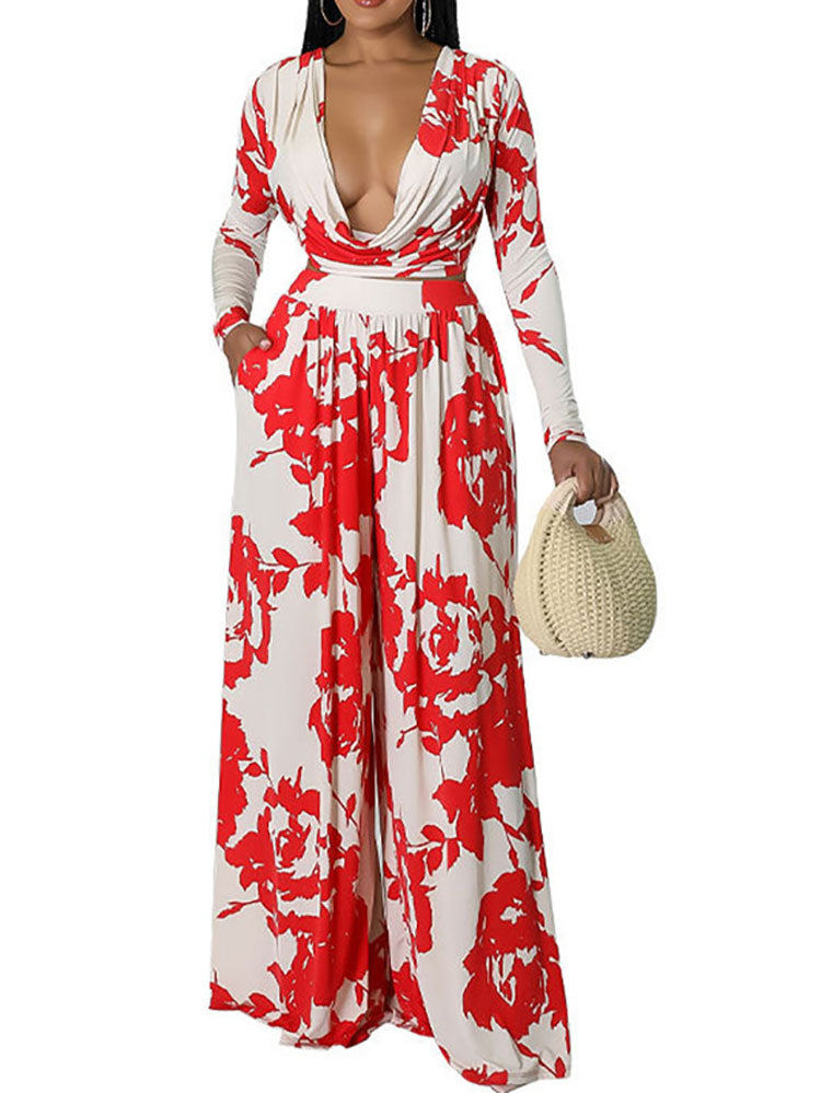 Two Pieve Floral Print Crop Top Wide Leg Pants