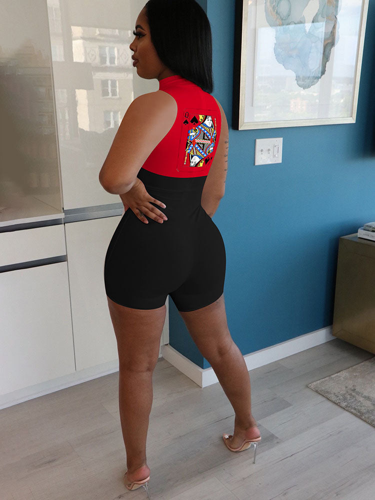 Plus Size Sleeveless Poker Patchwork Rompers
