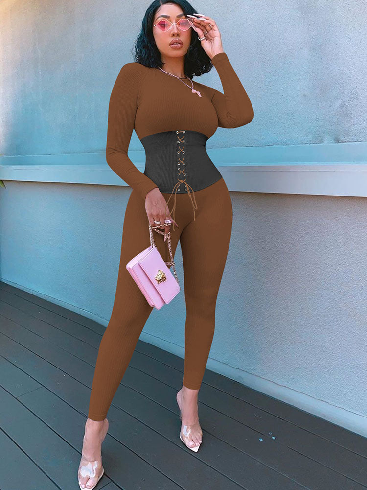 Long Sleeves Color Block Tie Up Jumpsuits