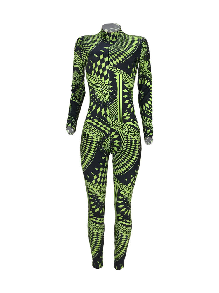 Long Sleeves Zipper Figure Print Bodycon Jumpsuits