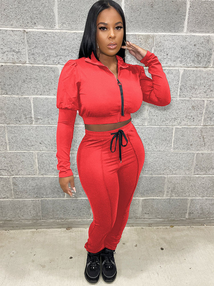 Two Piece Zipper Crop Tops & Drawstring Pants