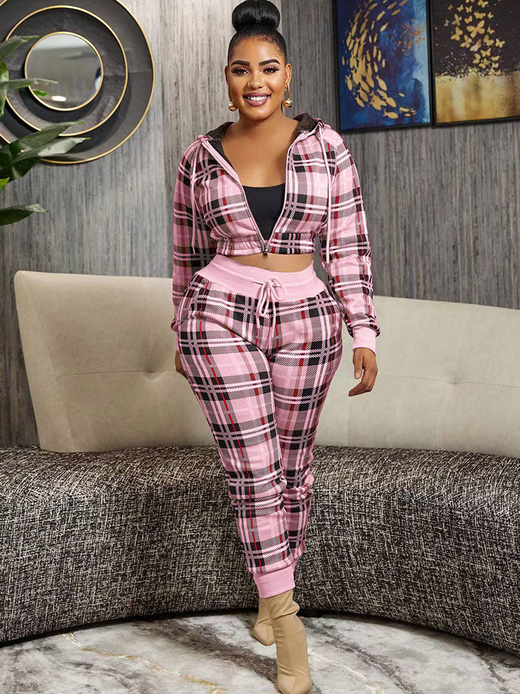 Two Piece Plaid Print Crop Top & Long Pants