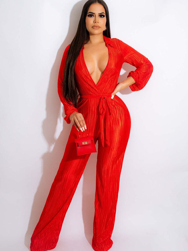 Long Sleeve V Neck Belted Jumpsuits