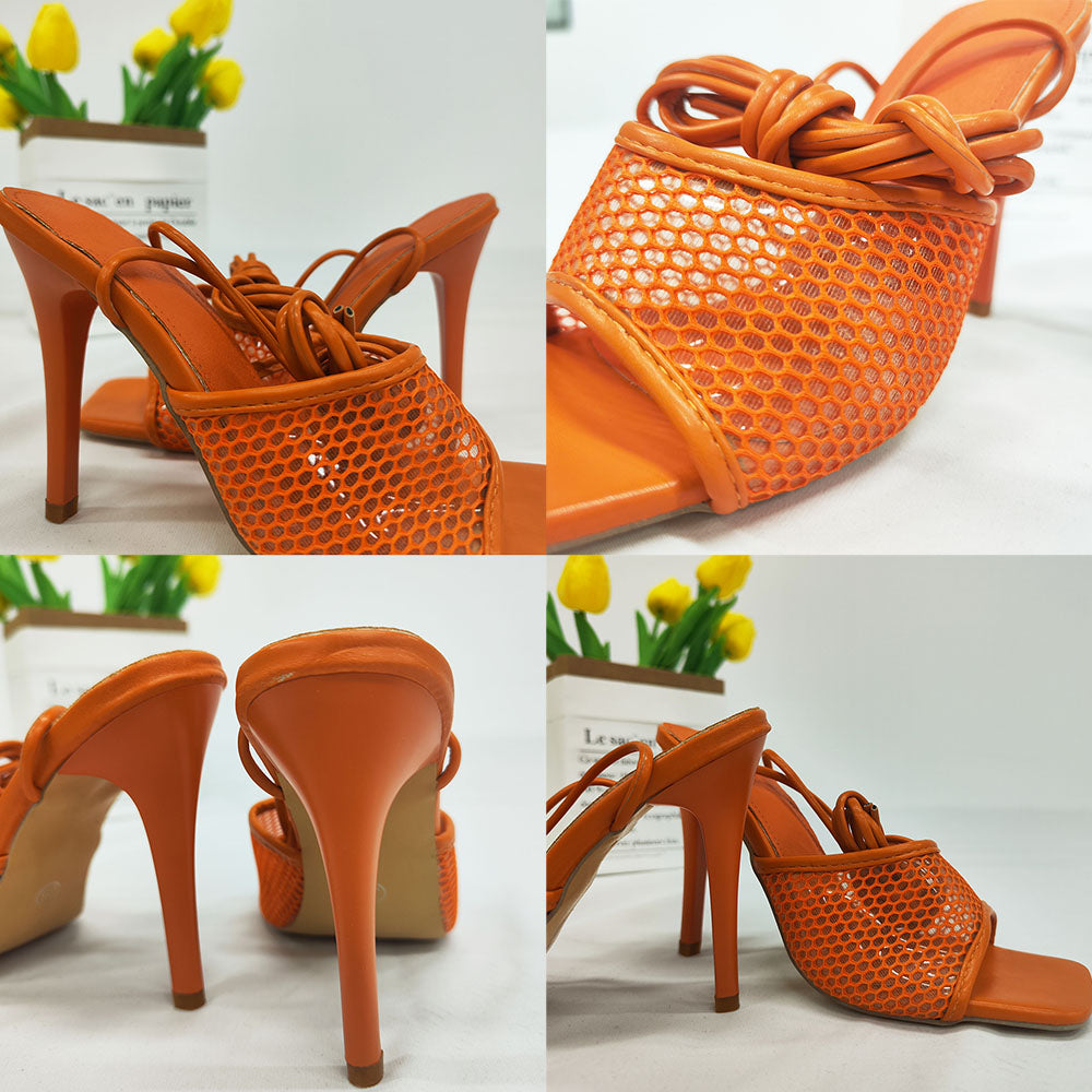 PU Tie Up Open Toe Heels